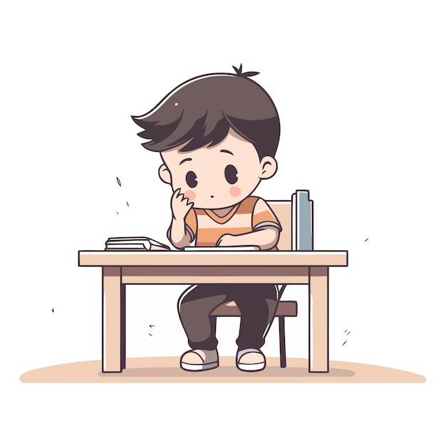 벡터 책상에 앉아서 숙제를 하는 귀여운 작은 소년