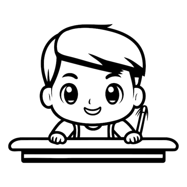 Cute little boy sitting on desk Vector cartoon character illustration