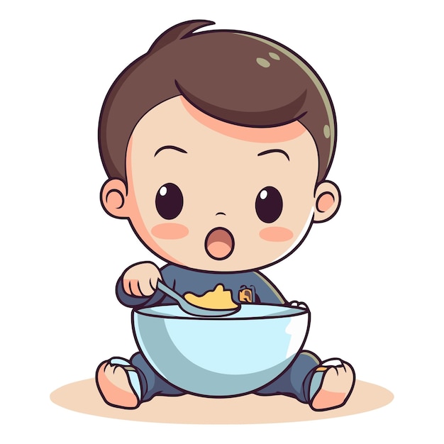 Vector cute little boy sitting and eating food in bowl