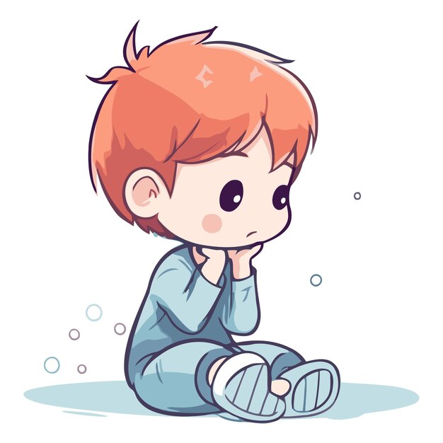 Vector cute little boy sitting on the floor and crying