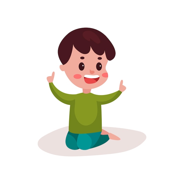 Cute little boy sitting on the floor, kid learning and playing colorful cartoon vector illustration on a white background