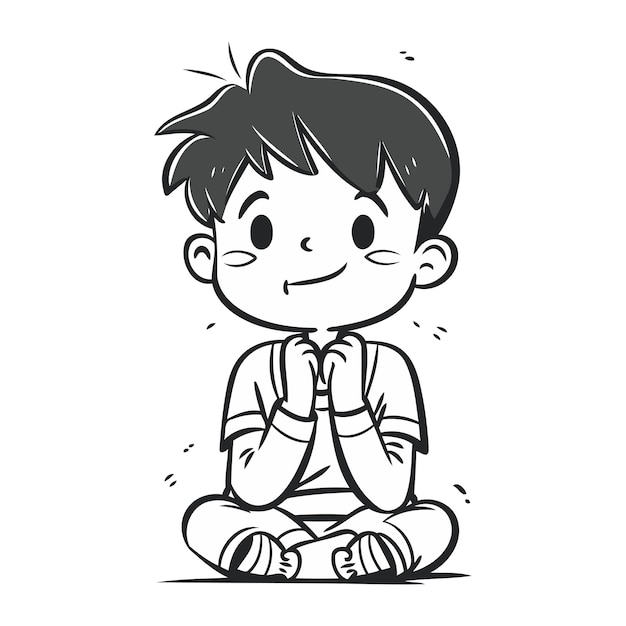 cute little boy sitting on the floor and praying vector illustration