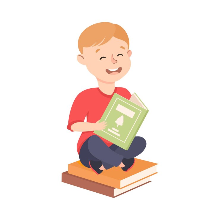 Вектор милый мальчик, сидящий на куче книг и читающий. мальчик дошкольного возраста, наслаждающийся литературой. дети. образование. концепция.