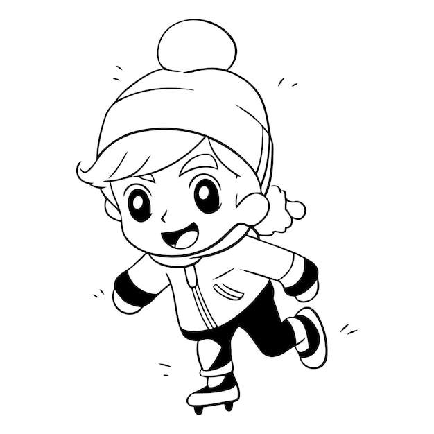 Vector cute little boy skating on ice in cartoon style