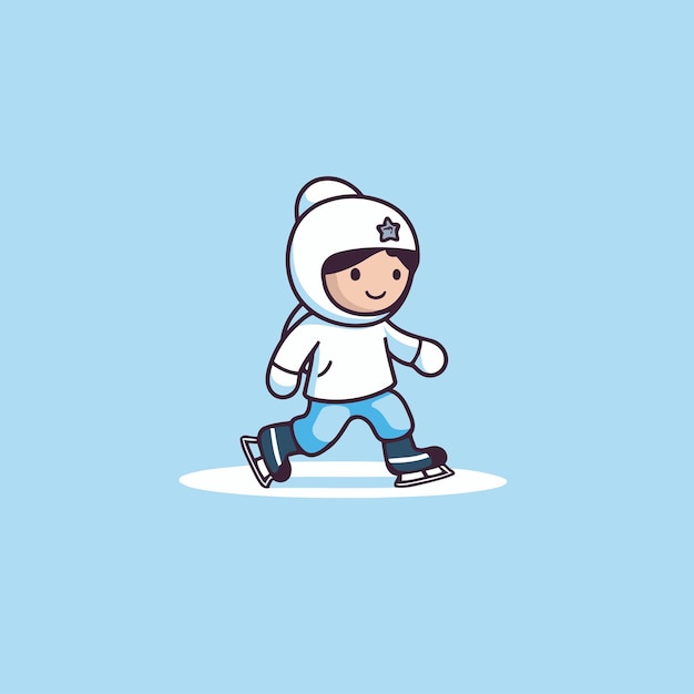 Cute little boy skating on ice Vector illustration in cartoon style