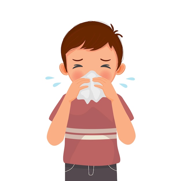 Vector cute little boy sneezing with flu and cold allergic symptoms blowing nose into tissue paper