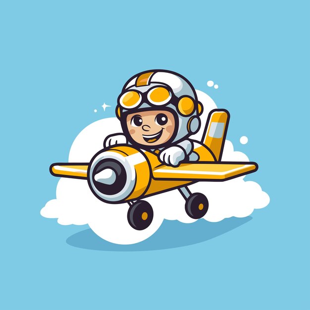 Cute little boy in space suit flying a plane Vector illustration