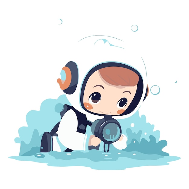 Vector cute little boy in space suit with magnifying glass
