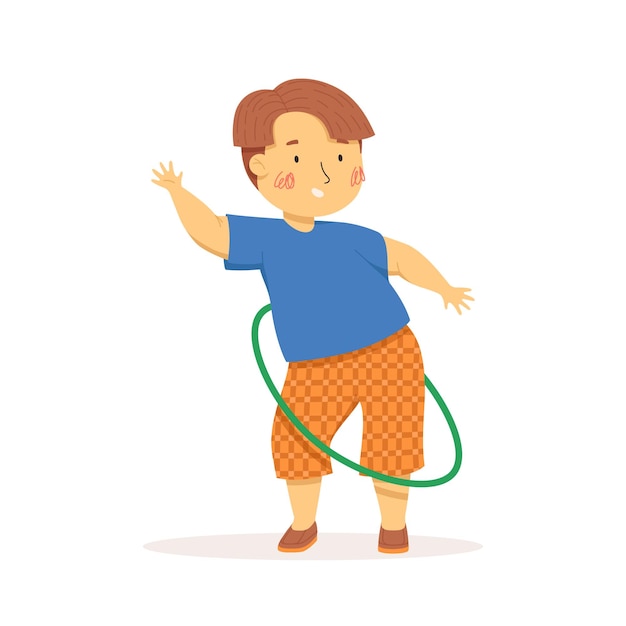 Cute little boy spinning a hula hoop Vector illustration Summer activities Children playing outside Funny character Isolated on a white background