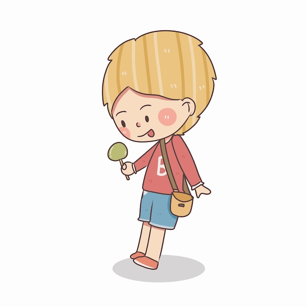 Cute little boy stand eating and holding candy vector and illustration