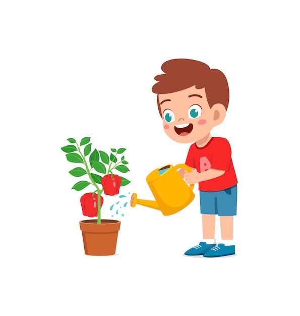 Cute little boy stand and watering paprika tree