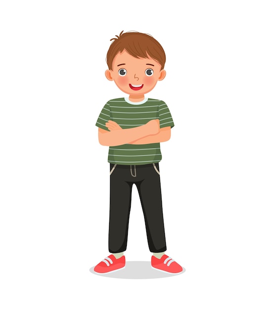 Vector cute little boy standing with arms crossed pose