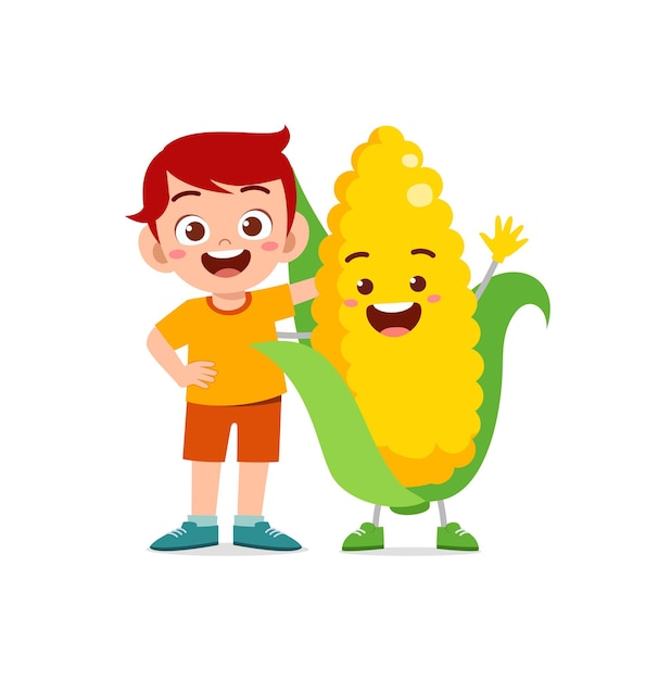 Cute little boy stands with corn character