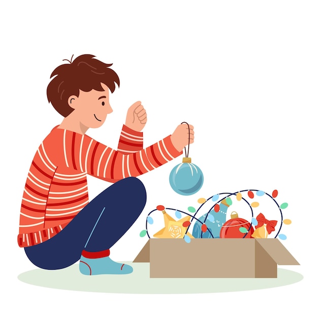 Vector cute little boy in striped pajamas taking christmas decoration toys for xmas tree from box vector