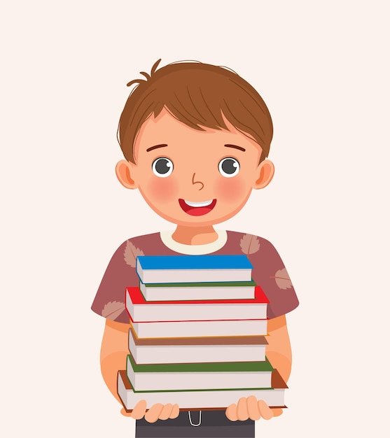 Vector cute little boy student holding stack of books