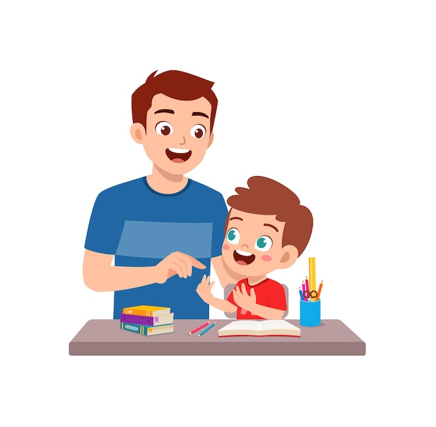 Vector cute little boy study math with father