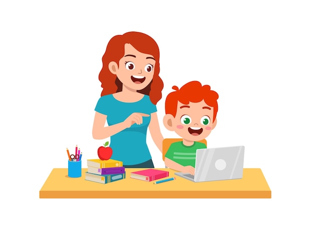 Cute little boy study with mother at home together