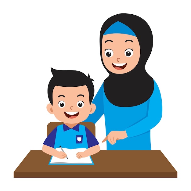 Vector cute little boy studying with teacher in school together