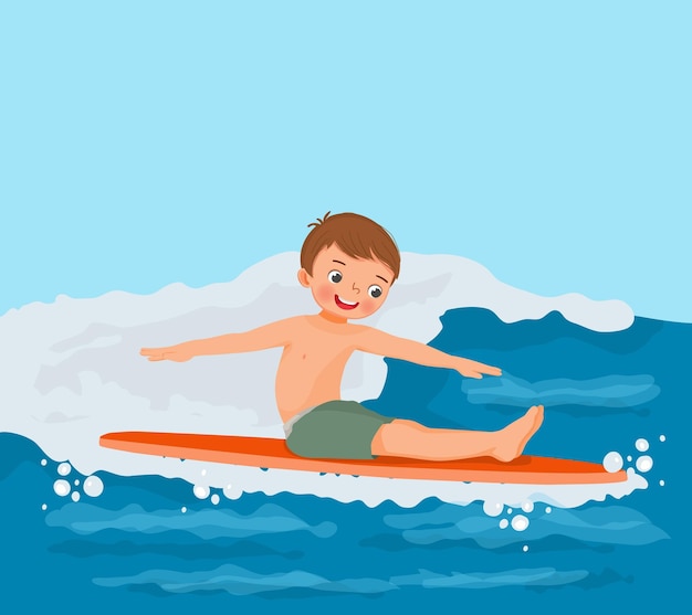 여름에 바다 파도에 재미 서핑 보드에 손으로 얕은 귀여운 소년 서퍼