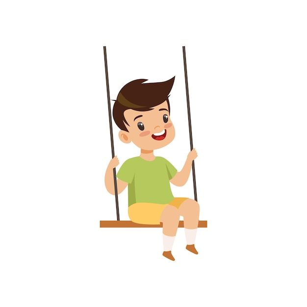 Cute little boy swinging on a rope swing kid having fun outdoor vector illustration isolated on a white background