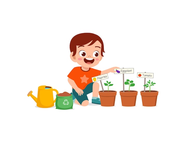 Cute little boy take care of vegetable plant