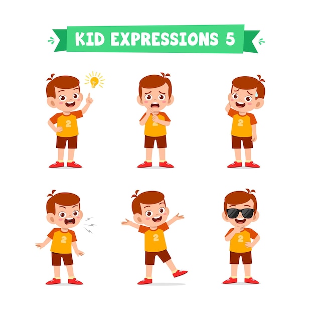 Cute little boy in various expressions and gesture set