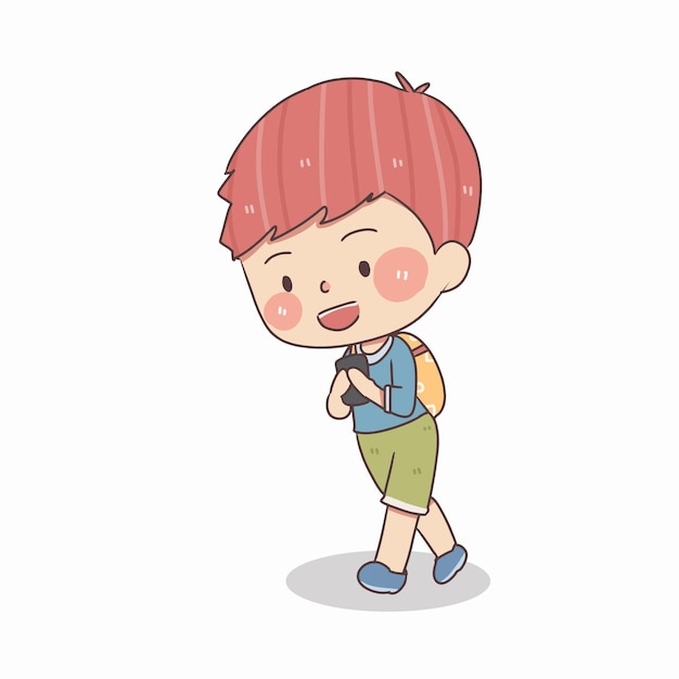 Cute little boy walk and holding phone vector and illustration