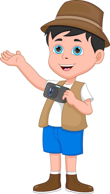 Cute little boy wearing hat and holding camera