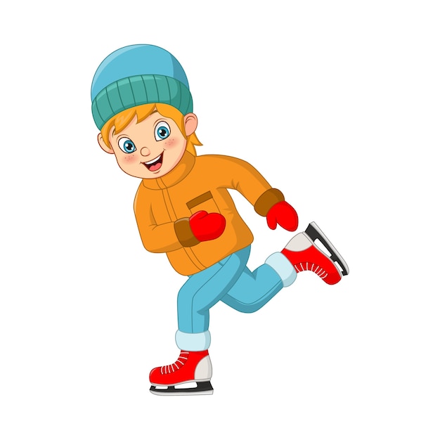 Cute little boy in winter clothes playing ice skating