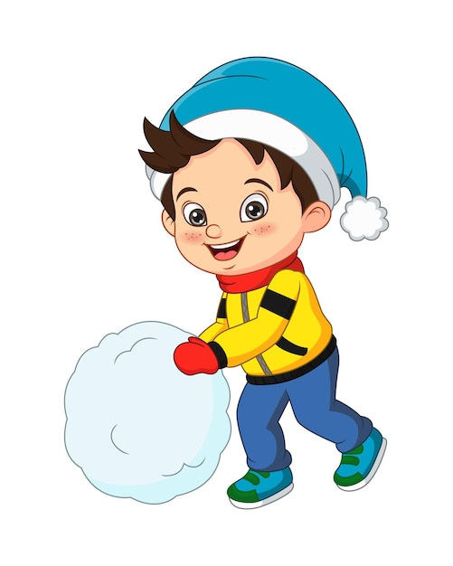 Vector cute little boy in winter clothes playing snowball