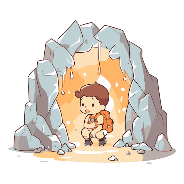 Vector cute little boy with a backpack in the cave