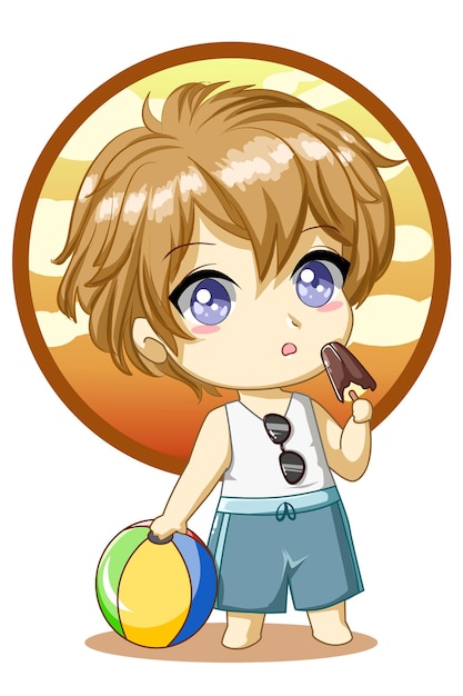 Cute little boy with ball and ice cream in the summer design character cartoon illustration