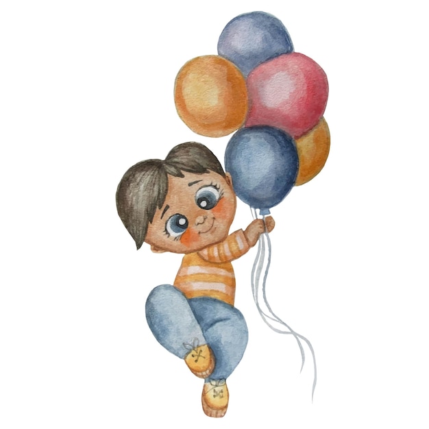 Cute little boy with balloons Watercolor hand draw