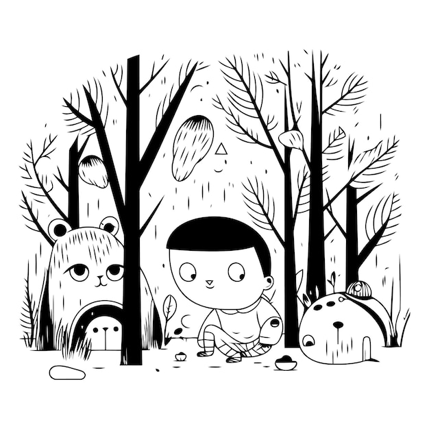 숲에서 과 고양이를 가진 귀여운 작은 소년 터 일러스트레이션 디자인