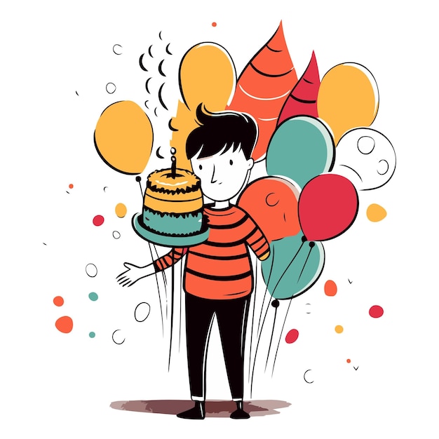 Vettore un ragazzino carino con una torta di compleanno e dei palloncini.