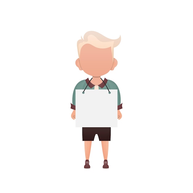 A cute little boy with a blank banner isolated vector illustration in cartoon style