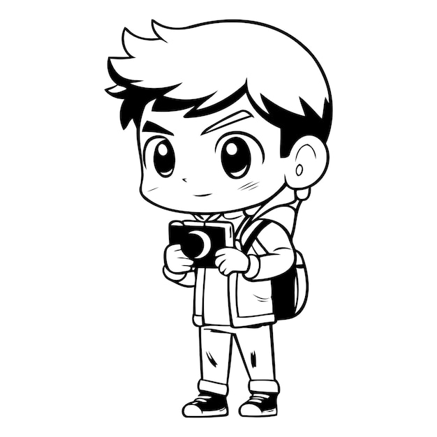 Cute little boy with a camera Vector illustration in cartoon style