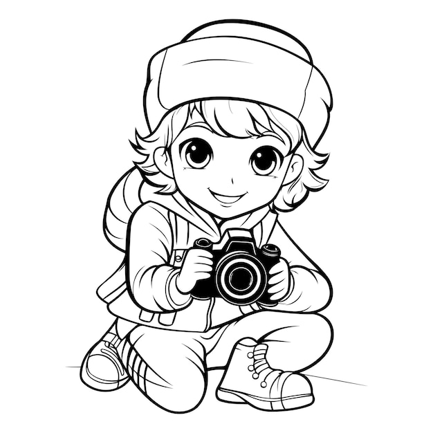 Vector cute little boy with camera vector illustration for coloring book