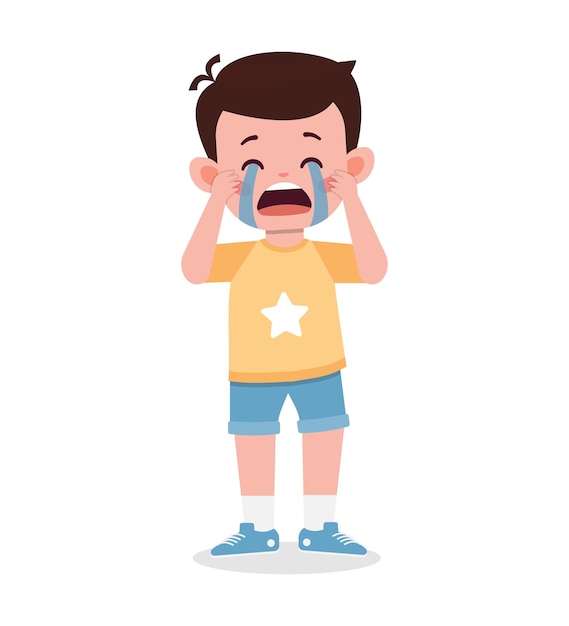 Cute little boy with crying expression cartoon illustration