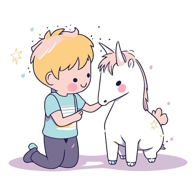 Vector cute little boy with cute unicorn vector illustration designicon vector illustration design