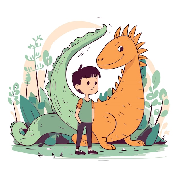 Вектор Милый маленький мальчик с динозавром в парке