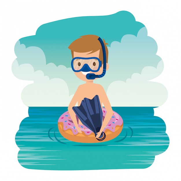 Cute little boy with donut float and snorkel in the sea