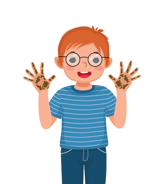 Vector cute little boy with glasses showing his dirty hands with mud and soil dirt