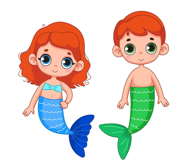 Cute little boy with green mermaid tail and redhead girl Brother and sister couple of children Magic