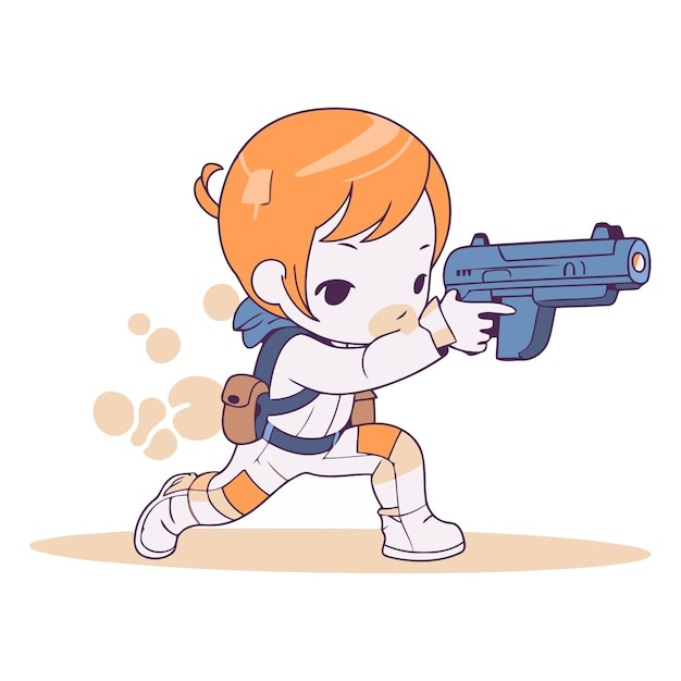 Cute little boy with a gun in cartoon style