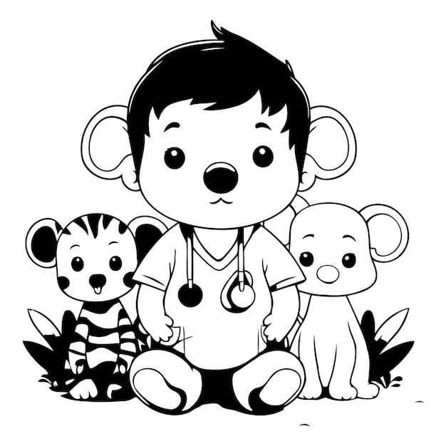 Vector cute little boy with his baby animals cartoon vector illustration graphic design