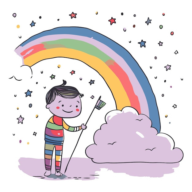 Вектор Милый маленький мальчик с радугой в небе