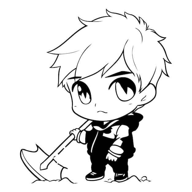 Vector cute little boy with a shovel in the snow vector illustration