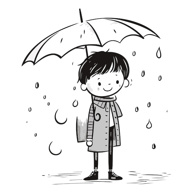 Вектор Милый маленький мальчик с зонтиком и дождем в стиле рисунка