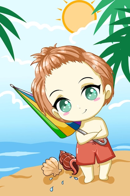 Cute little boy with umbrella in beach in summer design character cartoon illustration